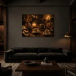 Espresso Brown & Amber After-Dinner Coffee Wall Art Canvas Print shown in a warm modern interior