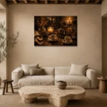 Espresso Brown & Amber After-Dinner Coffee Wall Art Canvas Print presented in a sophisticated home setting