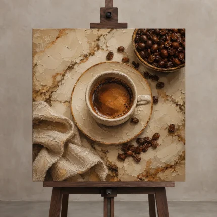 Espresso & Cream Coffee Kitchen Wall Art Canvas Print shown in Studio Easel