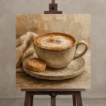 Caramel & Cream Cappuccino Kitchen Wall Art Canvas Print displayed on a studio easel