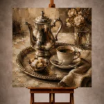 Espresso and brushed silver Coffee Wall Art print for elegant interiors. No text or watermarks in design.