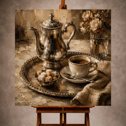 Espresso and brushed silver Coffee Wall Art print for elegant interiors. No text or watermarks in design.