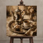 Espresso & Brushed Silver Café Tray Coffee Wall Art Canvas Print displayed on a studio easel
