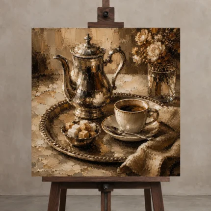 Espresso & Brushed Silver Café Tray Coffee Wall Art Canvas Print shown in Studio Easel