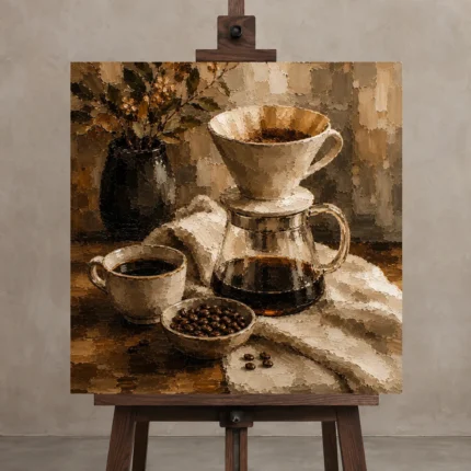 Espresso & Ivory Pour Over Coffee Wall Art Canvas Print shown in Studio Easel