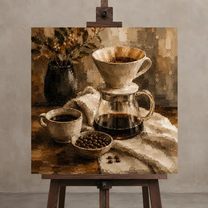 Espresso & Ivory Pour Over Coffee Wall Art Canvas Print displayed on a studio easel