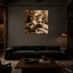 Espresso & Ivory Pour Over Coffee Wall Art Canvas Print shown in a warm modern interior