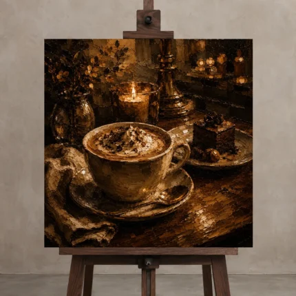 Amber & Deep Umber Mocha Coffee Kitchen Wall Art Canvas Print shown in Studio Easel