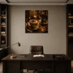 Amber & Deep Umber Mocha Coffee Kitchen Wall Art Canvas Print displayed in a contemporary gallery-inspired room