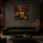 Amber & Deep Umber Mocha Coffee Kitchen Wall Art Canvas Print shown in a warm modern interior
