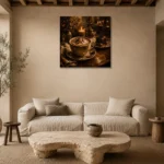 Amber & Deep Umber Mocha Coffee Kitchen Wall Art Canvas Print presented in a sophisticated home setting