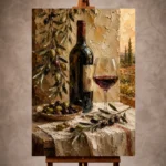Olive green and burgundy Kitchen Wall Art print for elegant interiors. No text or watermarks in design.