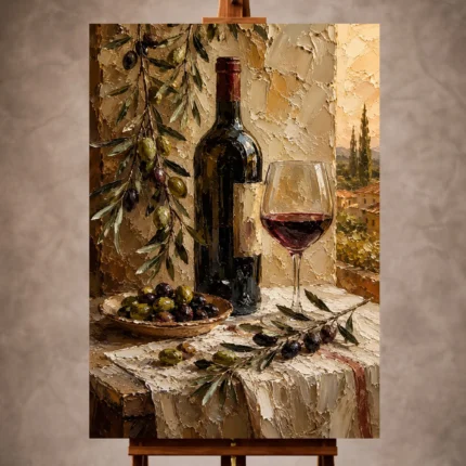 Olive green and burgundy Kitchen Wall Art print for elegant interiors. No text or watermarks in design.
