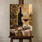 Olive Green & Burgundy Wine Olive Kitchen Wall Art Canvas Print displayed on a studio easel