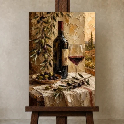 Olive Green & Burgundy Wine Olive Kitchen Wall Art Canvas Print shown in Studio Easel