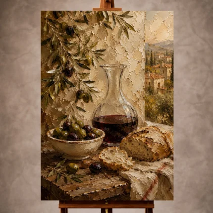Olive and burgundy Wine & Olive Wall Art print for elegant interiors. No text or watermarks in design.