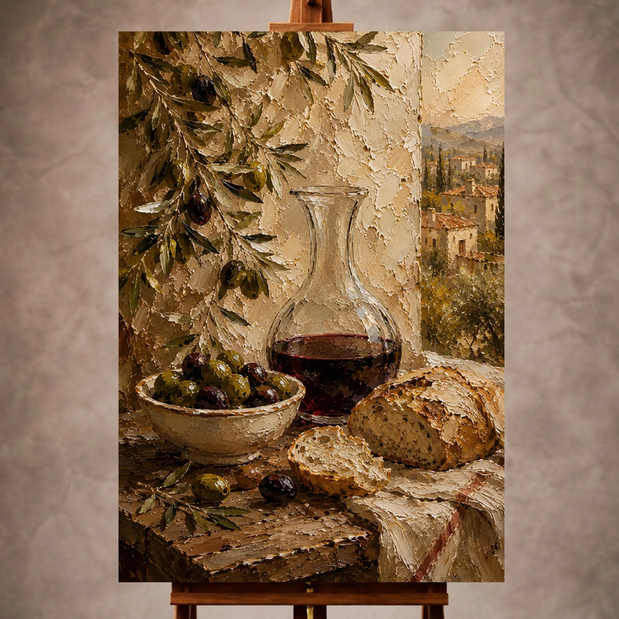 Premium Wall Art Dikey Html Edition – KITCHENWALL022 Image 1 Olive and burgundy Wine & Olive Wall Art print for elegant interiors. No text or watermarks in design.