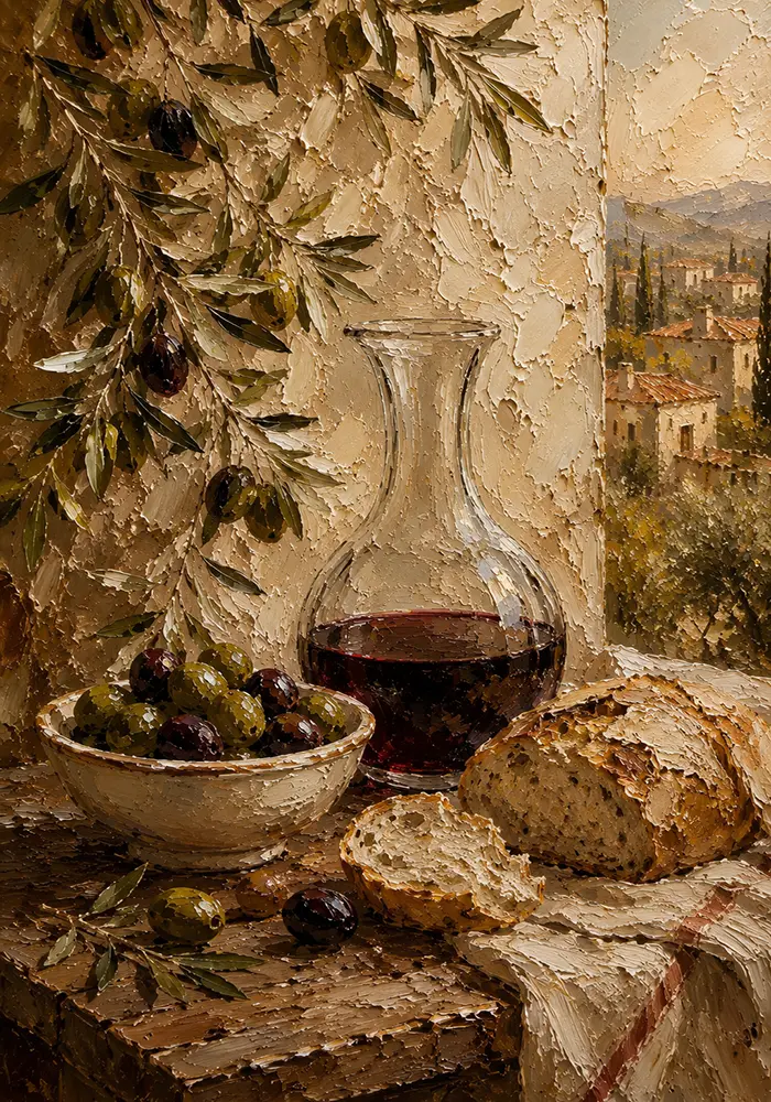 Olive & Burgundy Mediterranean Wine Olive Kitchen Wall Art Canvas Print