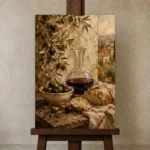 Olive & Burgundy Mediterranean Wine Olive Kitchen Wall Art Canvas Print displayed on a studio easel