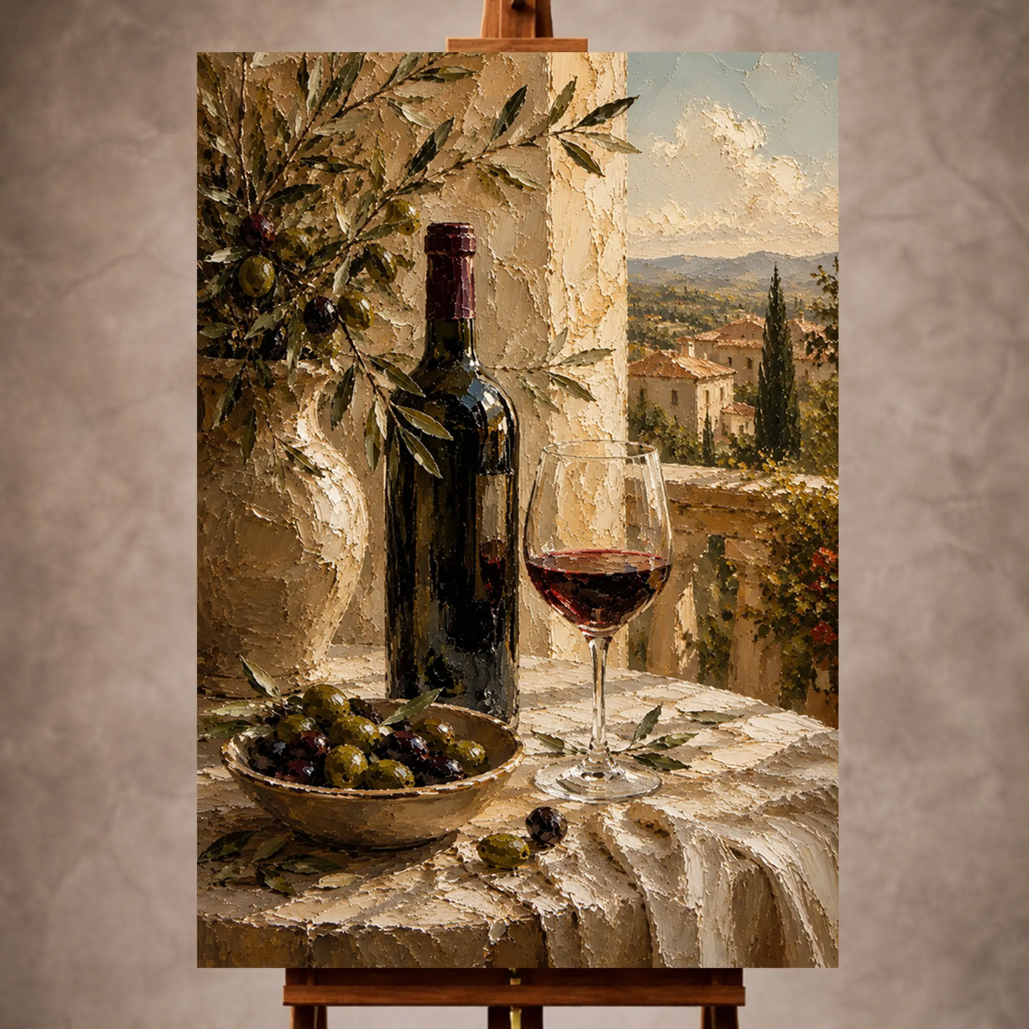 Premium Wall Art Dikey Html Edition – KITCHENWALL023 Image 1 Olive green and burgundy Wine & Olive Wall Art print for elegant interiors. No text or watermarks in design.