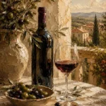 Olive Green & Burgundy Balcony Wine Olive Kitchen Wall Art Canvas Print