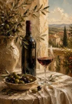Olive Green & Burgundy Balcony Wine Olive Kitchen Wall Art Canvas Print