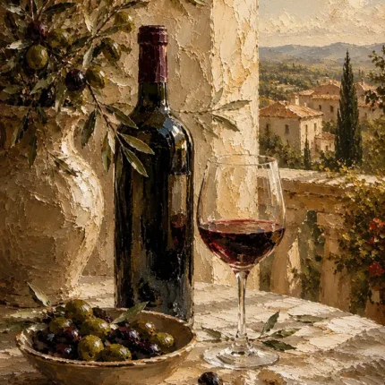 Olive Green & Burgundy Balcony Wine Olive Kitchen Wall Art Canvas Print