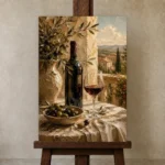 Olive Green & Burgundy Balcony Wine Olive Kitchen Wall Art Canvas Print displayed on a studio easel