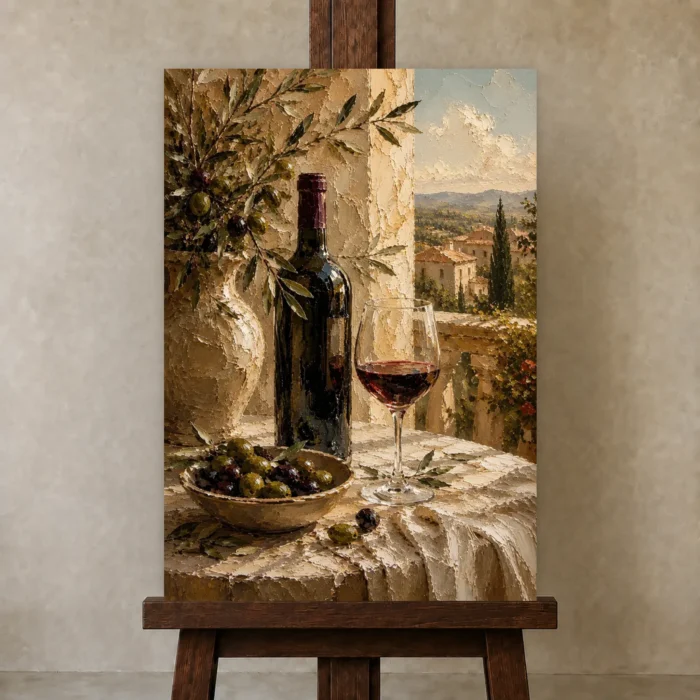 Olive Green & Burgundy Balcony Wine Olive Kitchen Wall Art Canvas Print displayed on a studio easel