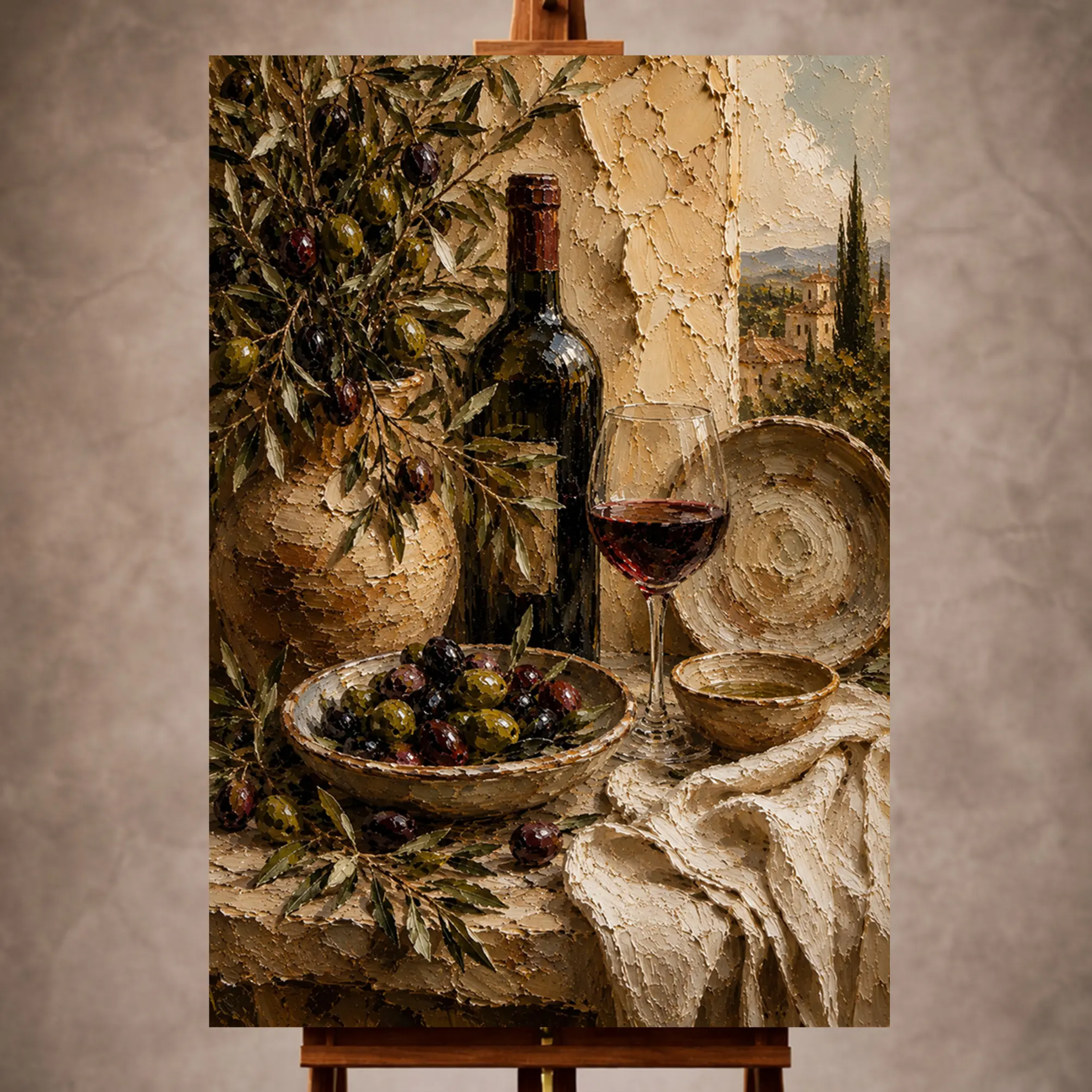Premium Wall Art Dikey Html Edition – KITCHENWALL024 Image 1 Olive, burgundy, and sage Wine & Olive Wall Art print for elegant interiors. No text or watermarks in design.