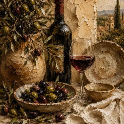 Olive, Burgundy & Sage Harvest Wine Olive Kitchen Wall Art Canvas Print