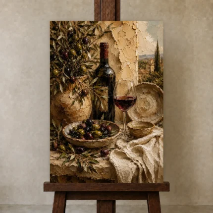 Olive, Burgundy & Sage Harvest Wine Olive Kitchen Wall Art Canvas Print shown in Studio Easel