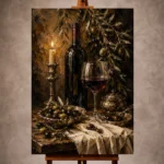 Deep burgundy and antique gold Wine & Olive Wall Art print for elegant interiors. No text or watermarks in design.