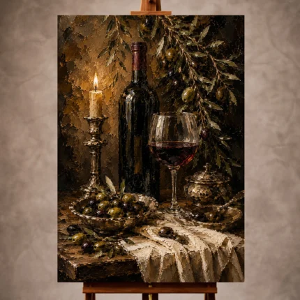 Deep burgundy and antique gold Wine & Olive Wall Art print for elegant interiors. No text or watermarks in design.