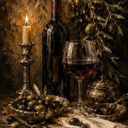 Deep Burgundy & Antique Gold Candlelit Wine Olive Kitchen Wall Art Canvas Print
