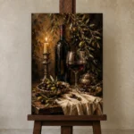 Deep Burgundy & Antique Gold Candlelit Wine Olive Kitchen Wall Art Canvas Print displayed on a studio easel