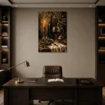 Deep Burgundy & Antique Gold Candlelit Wine Olive Kitchen Wall Art Canvas Print displayed in a contemporary gallery-inspired room