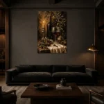 Deep Burgundy & Antique Gold Candlelit Wine Olive Kitchen Wall Art Canvas Print shown in a warm modern interior
