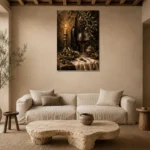 Deep Burgundy & Antique Gold Candlelit Wine Olive Kitchen Wall Art Canvas Print presented in a sophisticated home setting