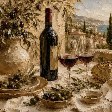 Olive Green & Burgundy Sunlit Wine Olive Kitchen Wall Art Canvas Print