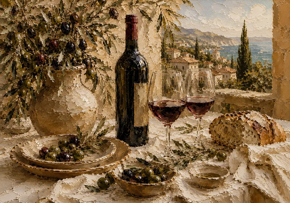Olive Green & Burgundy Sunlit Wine Olive Kitchen Wall Art Canvas Print