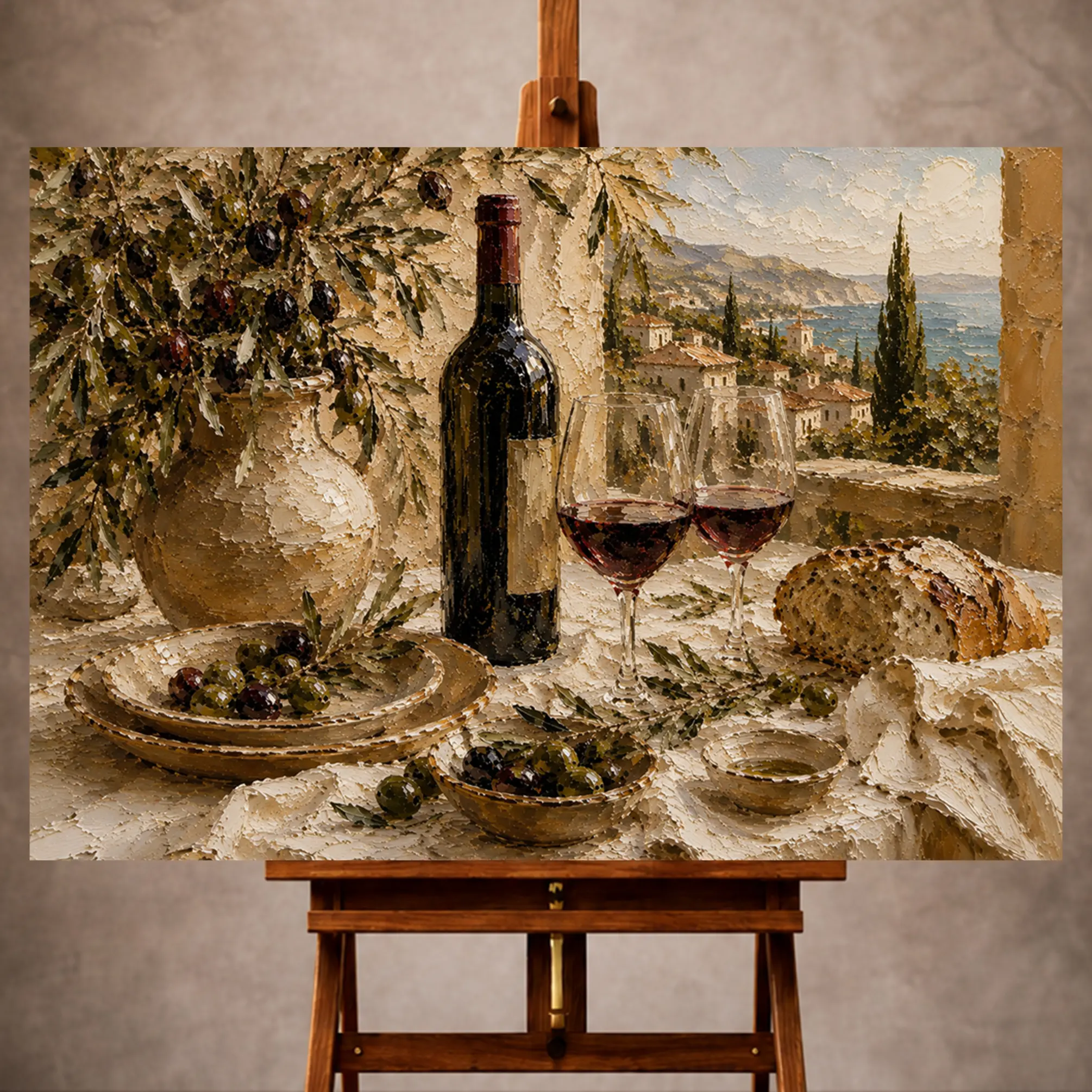 Premium Wall Art Yatay Html Edition – KITCHENWALL026 Image 1 Olive green and burgundy Wine & Olive Wall Art print for elegant interiors. No text or watermarks in design.
