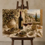 Olive Green & Burgundy Sunlit Wine Olive Kitchen Wall Art Canvas Print displayed on a studio easel
