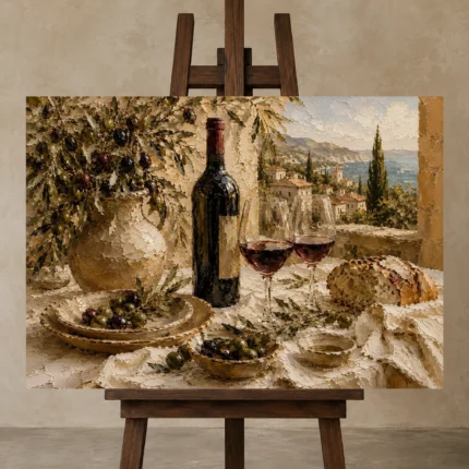 Olive Green & Burgundy Sunlit Wine Olive Kitchen Wall Art Canvas Print displayed on a studio easel