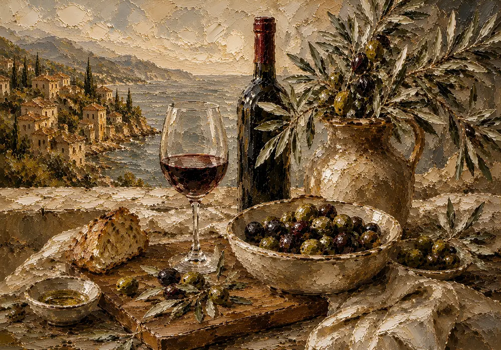 Olive, Burgundy & Sage Aperitivo Wine Olive Kitchen Wall Art Canvas Print