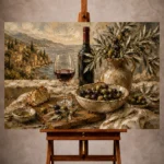 Olive, burgundy, and sage Wine & Olive Wall Art print for elegant interiors. No text or watermarks in design.