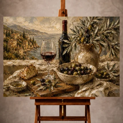 Olive, burgundy, and sage Wine & Olive Wall Art print for elegant interiors. No text or watermarks in design.