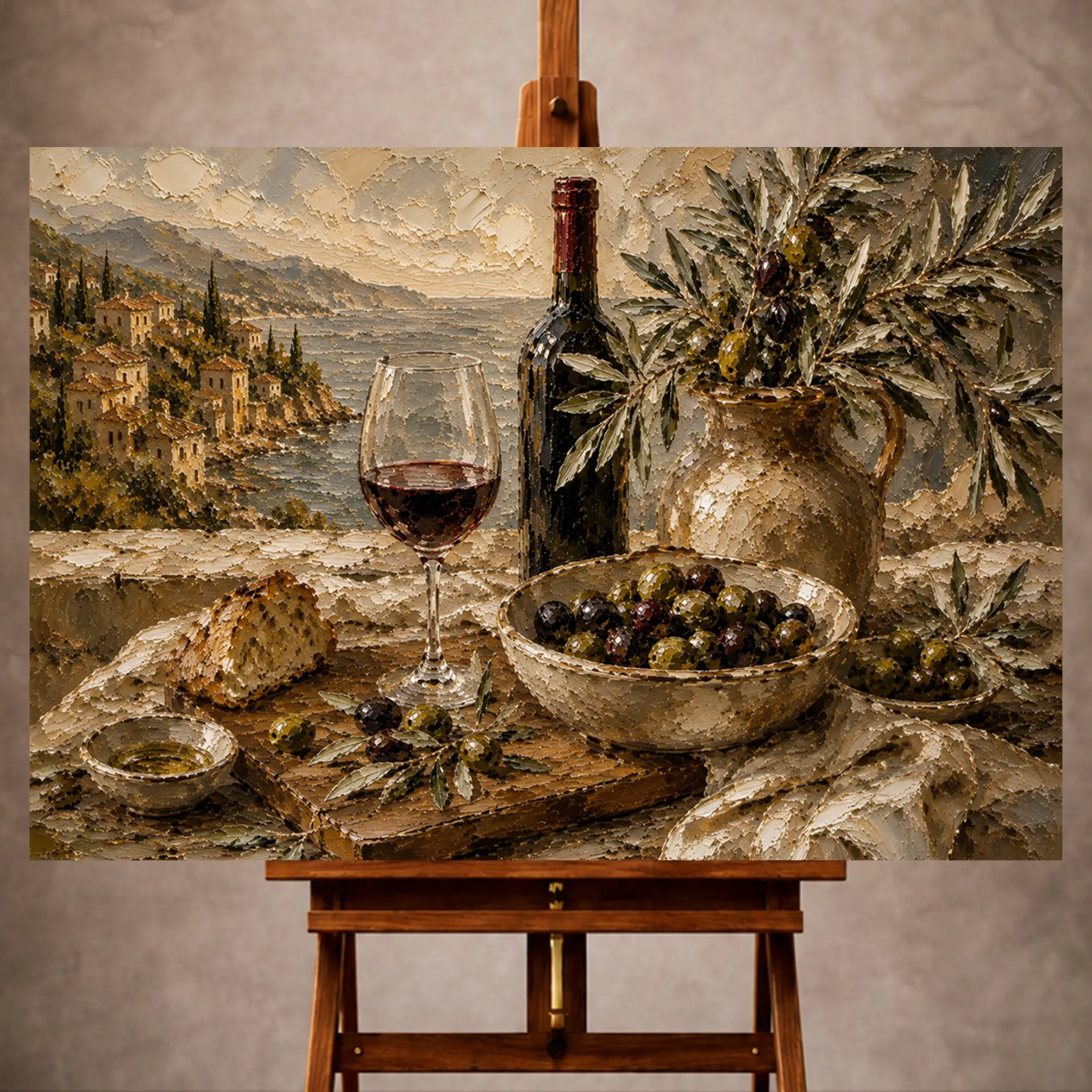Premium Wall Art Yatay Html Edition – KITCHENWALL027 Image 1 Olive, burgundy, and sage Wine & Olive Wall Art print for elegant interiors. No text or watermarks in design.