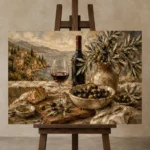 Olive, Burgundy & Sage Aperitivo Wine Olive Kitchen Wall Art Canvas Print displayed on a studio easel
