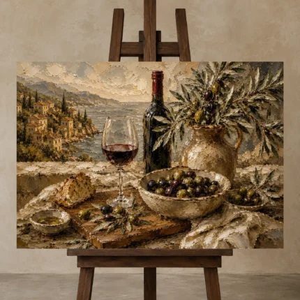Olive, Burgundy & Sage Aperitivo Wine Olive Kitchen Wall Art Canvas Print displayed on a studio easel